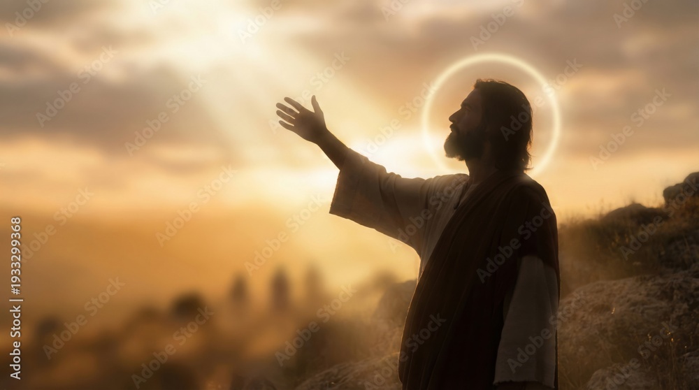 Obraz premium Man depicted as Jesus Christ with a halo and outstretched arm at sunset, symbolizing prayer and divine guidance for religious inspiration.