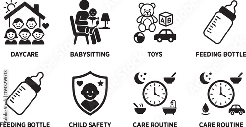 A collection of black and white icons illustrating various aspects of family life, childcare, and daily routines. Vector