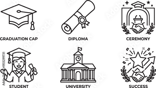 Line art icons illustrating education, graduation, and academic achievements on a white background Vector