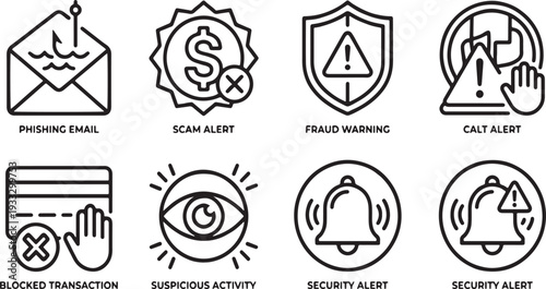 A set of eight black and white line icons representing various concepts of data security and access control. Vector