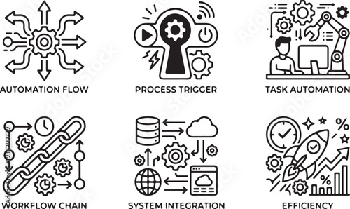 A set of six abstract black and white diagrams representing different types of signals and communication concepts Vector