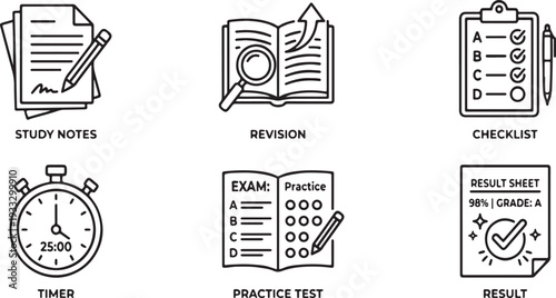 A collection of six minimalist black and white icons representing document management and file operations Vector