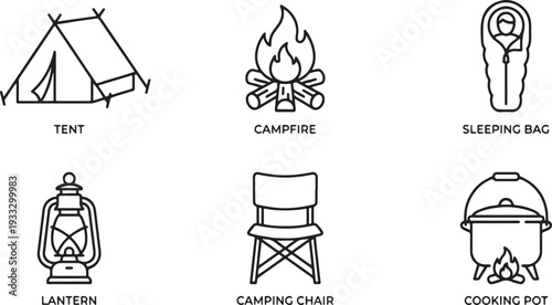 Six minimalist black and white line illustrations of various tent and outdoor shelter designs Vector