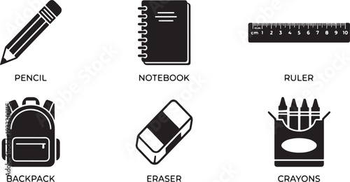 A collection of minimalist black and white icons representing essential school supplies. Vector