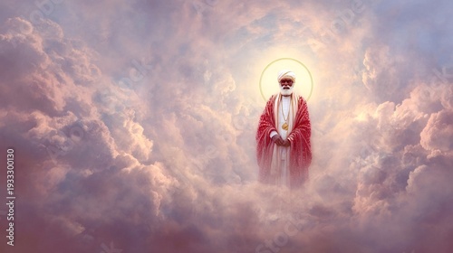 Narendra modi portrayed as a venerable spiritual leader with a golden halo, standing in ethereal pink and purple clouds evoking divinity, sainthood, and enlightened leadership