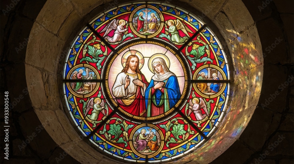 Naklejka premium Stained glass window of Jesus Christ and Mary in a church. Religious art and worship concept for Christianity. Ornate gothic architecture.