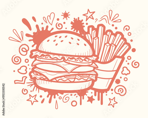 Detailed line art illustration of a cheeseburger and french fries with energetic doodle background