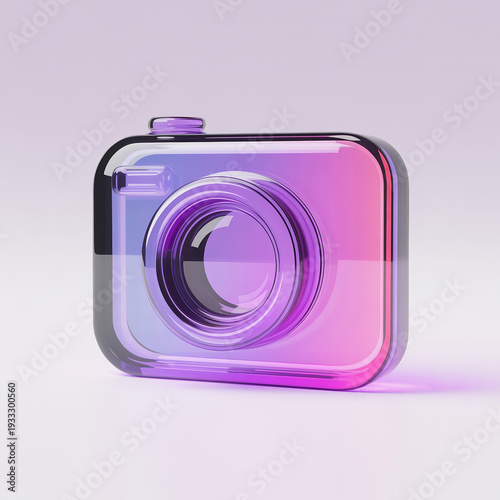 3D Glossy Camera Icon with Vibrant Purple and Pink Glass Gradient Standing on Reflective White Surface