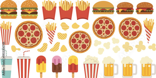 fast food vector icon set with burgers, pizza, fries, snacks, ice cream, drinks, and street food items, isolated on white background for menu design, mobile apps, restaurant branding, and digital illu