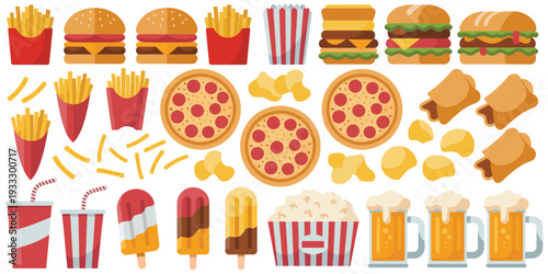 fast food vector icon set with burgers, pizza, fries, snacks, ice cream, drinks, and street food items, isolated on white background for menu design, mobile apps, restaurant branding, and digital illu