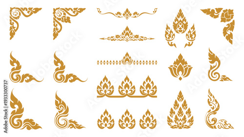 Thai Decoration Elements Design Collection Featuring Traditional Kanok Patterns, Lotus Ornaments, Floral Symbols, Elegant Borders and Corner Motifs for Luxury Branding