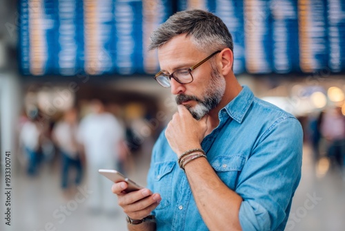 Pensive middle-aged man checking his smartphone in an airport. Traveler waiting for a flight and looking at information on his mobile device