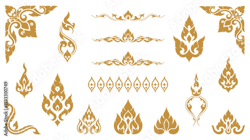 Thai Decoration Elements Design Collection Featuring Traditional Kanok Patterns, Lotus Ornaments, Floral Symbols, Elegant Borders and Corner Motifs for Luxury Branding