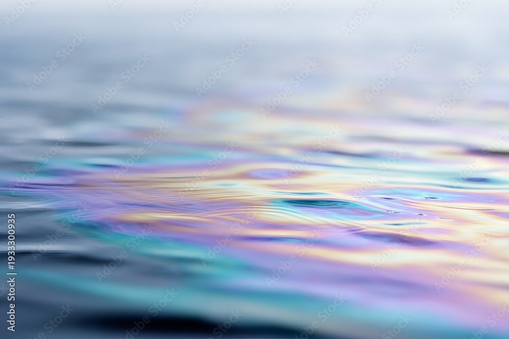 Naklejka premium Close-up of a colorful iridescent oil slick on the water's surface. Abstract fluid texture from a gasoline spill. Environmental pollution background