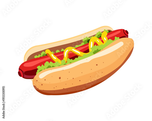 Delicious hot dog with lettuce and mustard on a bun