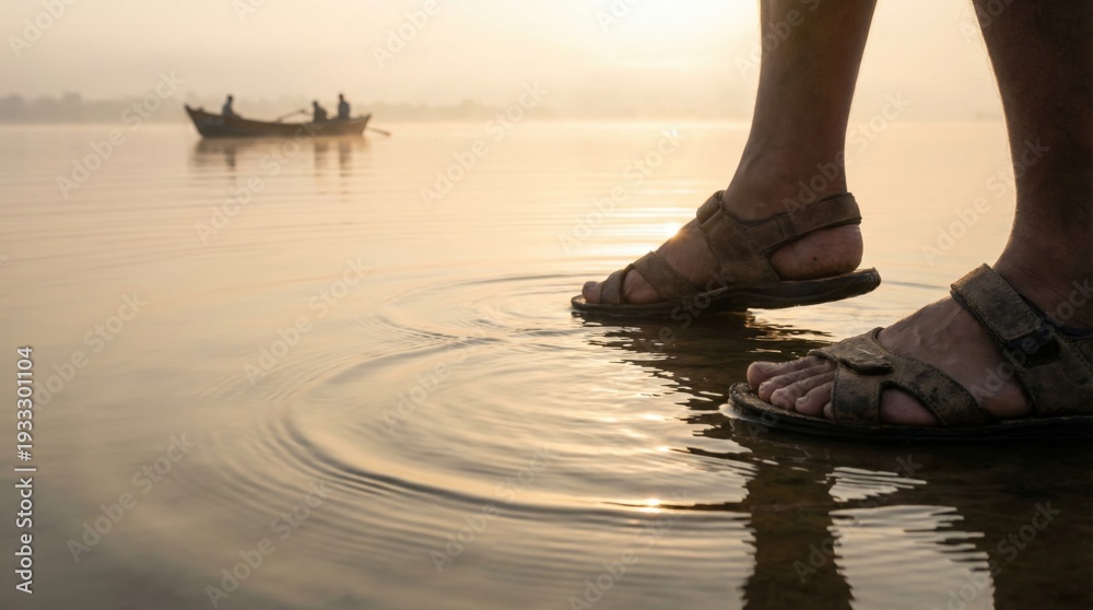 Obraz premium Man in sandals walking on water at sunset with a boat in the background. Religious concept of faith, belief, and bible stories.