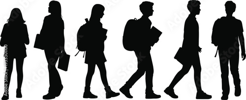 Student Silhouettes Walking with Backpacks and Books Isolated on White Background, College and High School Teenagers Collection for Education and Campus Design