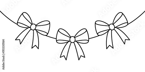 Line drawing of three bows on a string for gift wrapping decoration