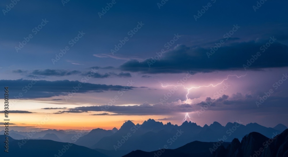 Obraz premium Powerful Lightning Bolt Striking Mountain Peaks at Sunset, Cinematic Concept for High Energy, Innovation Spark, and Natural Force in Modern Technology