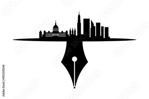 City skyline silhouette on a giant fountain pen nib tip  urban landscape