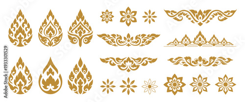 Thai Decorative Graphic Elements Collection Featuring Golden Lotus, Flame Motifs, Kanok Patterns and Floral Vector Ornaments for Traditional Design and Cultural Branding