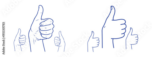 Group of thumbs up hand gestures in varied line styles representing success and positivity