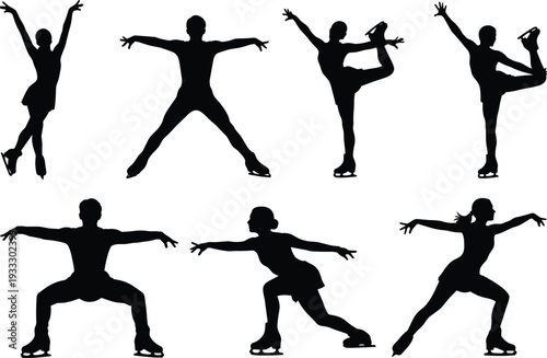Silhouette figure skaters performing jumps, spins, stretches, ice skating poses, balance, flexibility, artistic movement, winter sport, dance performance, athletic elegance