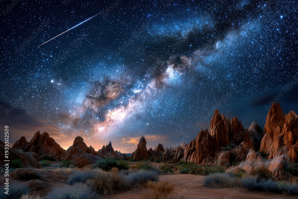 Obraz premium Majestic Night Sky Over Desert Rock Formations Starry Milky Way Meteor Trail