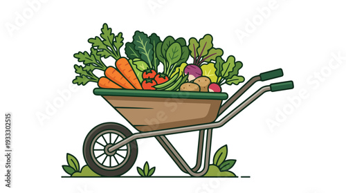 A wheelbarrow filled with various fresh vegetables including carrots and leafy greens.