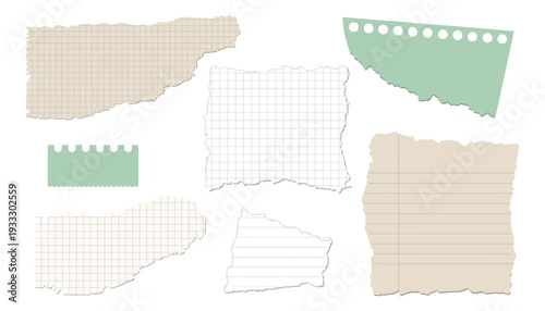 Torn paper collection with white and yellow notebook sheets, vector ripped square pieces for advertising, lined paper blank elements, and abstract graphic design set for creative text.