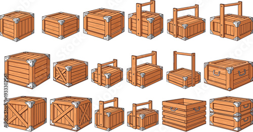 Wooden crates and boxes collection, diverse packaging containers, storage illustration, reinforced wooden designs, logistics clipart, cargo transport artwork, industrial packaging graphics