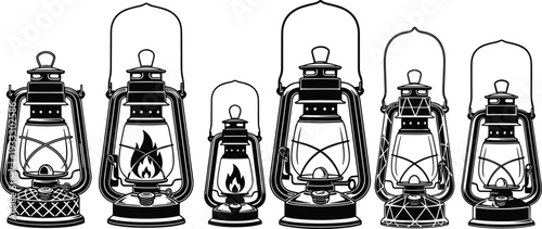 Vintage oil lantern collection illustration, classic kerosene lamps with glass chimneys, rustic antique lighting design, traditional camping lanterns, decorative retro home decor artwork