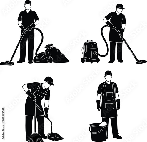 Professional cleaning service workers set, janitor team with vacuum cleaner, mop, broom and bucket, housekeeping staff vector illustration isolated on white background