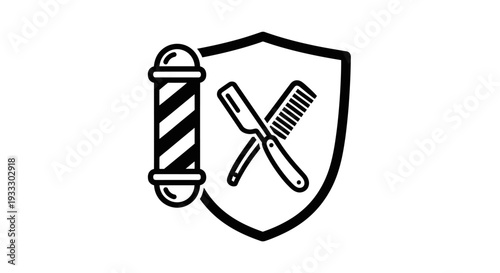 Barber shop logo with shield and grooming tools.