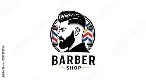 Barber Shop Logo with Bearded Man and Stylish Haircut Illustration.
