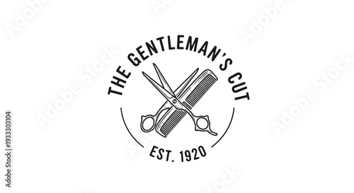 Vintage black and white barber shop logo with scissors and comb.
