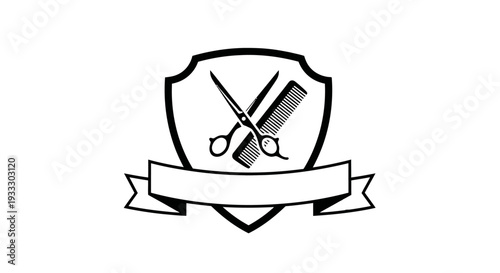Black and white logo design for hair salon or barber shop with shield and ribbon banner.