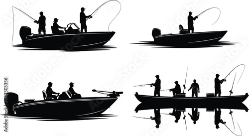 Fishing boat silhouettes, people fishing on water, motorized boats with reflections, recreational fishing clipart, group fishing activity illustration, outdoor fishing vector design