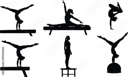 Gymnast silhouette collection performing balance beam and acrobatic poses, female artistic gymnastics set isolated on white background, sport training illustration