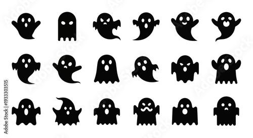 Collection of various ghost silhouettes in different poses and facial expressions