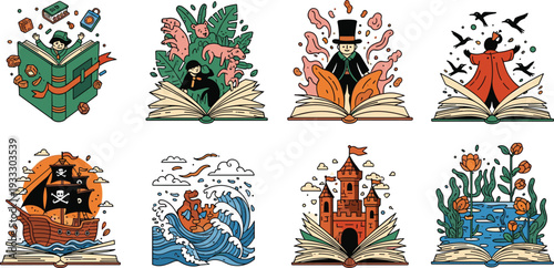Imagination Storytelling Illustration Set featuring Fantasy Pirate Ship, Castle, Magic World, Nature, Animals, Characters Emerging from Open Books,