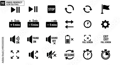 Collection of black icons representing various media controls and time management symbols on a clean background