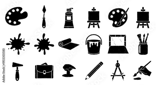 Collection of black silhouetted artistic tools and objects displayed on a white background from a direct viewpoint