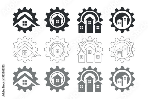 Real Estate Industrial Gear Logo Set, Home Construction and Engineering Icons