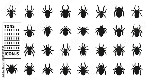Collection of various spider icons in different poses and views, showcasing diverse arachnid silhouettes