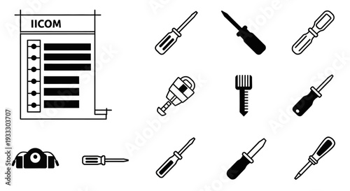 Collection of tools and a control panel displayed on a clean white background from a straightforward viewpoint