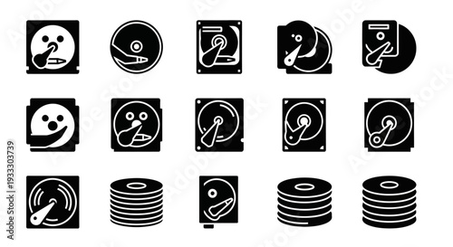 Collection of Vinyl Records and CDs Icons in Black and White Illustrations