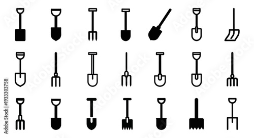 Collection of various gardening tools icons in black on white background viewed from the front
