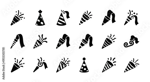 Collection of party hats and noise makers in black and white illustration