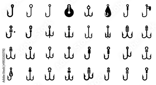 Collection of various hook icons displayed in a grid pattern on a clean background viewed from a straightforward perspective